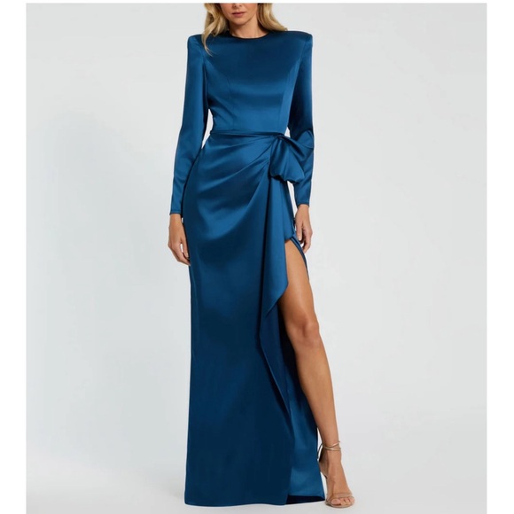 MAC DUGGAL Ocean Blue Long Sleeve Structured Bow Draped Gown #26676